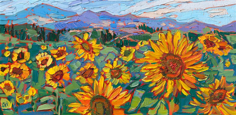 Fields of joyous sunflowers make a splash of color across the Oregon countryside. The bright yellow blooms seem to reverberate with the warmth of summer. The brush strokes are thick and impressionistic, alive with color and motion.</p><p>"Sunflower Fields" is an original oil painting on linen board. The piece arrives framed in a gold plein air frame, ready to hang. This piece will be displayed at <i>The Sunflower Show</i> at The Erin Hanson Gallery on June 25, 2022.