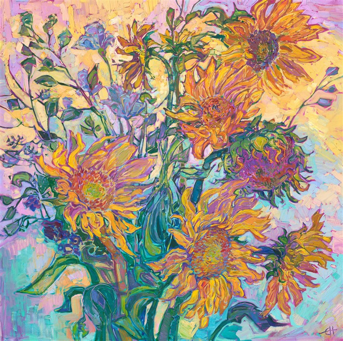 Large sunflower blooms blossom with color across this large, impressionistic painting. The lively, impasto brush strokes add excitement and motion to the piece. This painting is unique in that the oil paint was applied over squares of 24 karat gold leaf. This adds a subtle gleam of warm color to the painting. You can see the gold leaf sparkle and catch the light when you view the painting from different angles.</p><p>"Sunflower Gold" is an original oil painting done on stretched canvas. The piece arrives framed in a classic floater frame finished in 23kt gold leaf. This piece will be exhibited in <a href="https://www.erinhanson.com/Event/SunflowerShow">The Sunflower Show</a>, at The Erin Hanson Gallery in McMinnville, on June 25, 2022.</p><p><b>About Sunflower Paintings</b><br/>Sunflower paintings rank as one of the most recognizable icons of impressionism, right along with water lilies, haystacks, and starry nights. Their bright, expressive blooms can be painted while still growing in the orchards or cut in vases. Their long, layered petals are either as bright as the summer sun or drooping with expressive melancholy. Even the empty heads, with perhaps a few curled petals still clinging to the edges, are a beautiful subject to paint. Erin Hanson's collection of <a href="https://www.erinhanson.com/Portfolio?search=sunflower">sunflower paintings</a> is a celebration of impressionism, a nod to van Gogh, and a commemoration of this poignant flower.</p><p>