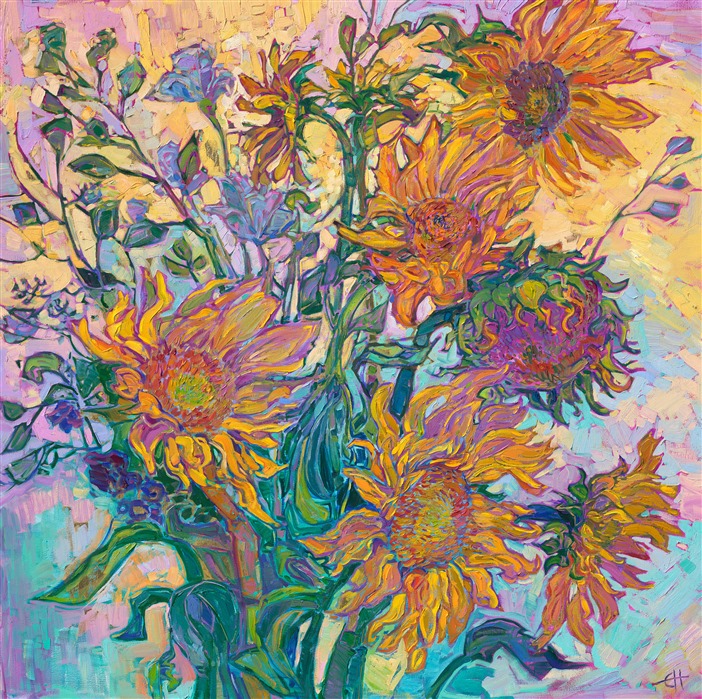 Large sunflower blooms blossom with color across this large, impressionistic painting. The lively, impasto brush strokes add excitement and motion to the piece. This painting is unique in that the oil paint was applied over squares of 24 karat gold leaf. This adds a subtle gleam of warm color to the painting. You can see the gold leaf sparkle and catch the light when you view the painting from different angles.

"Sunflower Gold" is an original oil painting done on stretched canvas. The piece arrives framed in a classic floater frame finished in 23kt gold leaf. This piece will be exhibited in <a href="https://www.erinhanson.com/Event/SunflowerShow">The Sunflower Show</a>, at The Erin Hanson Gallery in McMinnville, on June 25, 2022.

<b>About Sunflower Paintings</b>
Sunflower paintings rank as one of the most recognizable icons of impressionism, right along with water lilies, haystacks, and starry nights. Their bright, expressive blooms can be painted while still growing in the orchards or cut in vases. Their long, layered petals are either as bright as the summer sun or drooping with expressive melancholy. Even the empty heads, with perhaps a few curled petals still clinging to the edges, are a beautiful subject to paint. Erin Hanson's collection of <a href="https://www.erinhanson.com/Portfolio?search=sunflower">sunflower paintings</a> is a celebration of impressionism, a nod to van Gogh, and a commemoration of this poignant flower.

