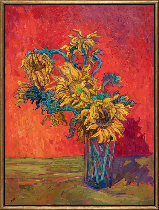 A brightly colored backdrop brings out the hues of a vase of sunflowers. The brush strokes are painterly and impressionistic, capturing the curving stems and flower petals. With a nod to Van Gogh's sunflower series, I have also created a series of sunflower still life paintings, always striving to bring to life their transient beauty as the blooms begin to droop and change.</p><p>"Sunflower Hues" was created on 1-1/2" canvas, with the painting continued around the edges. The piece has been framed in a closed corner, 23kt gold leaf floater frame.