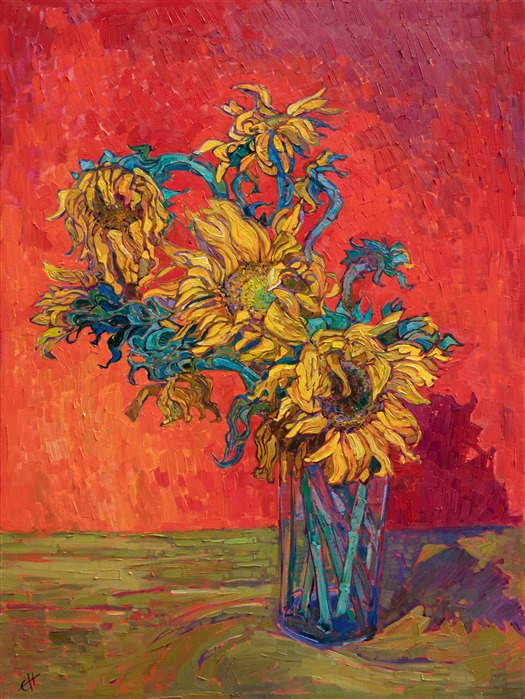 A brightly colored backdrop brings out the hues of a vase of sunflowers. The brush strokes are painterly and impressionistic, capturing the curving stems and flower petals. With a nod to Van Gogh's sunflower series, I have also created a series of sunflower still life paintings, always striving to bring to life their transient beauty as the blooms begin to droop and change.</p><p>"Sunflower Hues" was created on 1-1/2" canvas, with the painting continued around the edges. The piece has been framed in a closed corner, 23kt gold leaf floater frame.