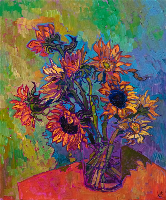 A vase of sunflowers brings in the beauty and freshness of the outdoors into the home. The animated colors of the petals stand out against the greenish hues of the background.</p><p>"Sunflower Light" was created on fine linen board, and it arrives framed in a hand-carved and gilded plein air frame.
