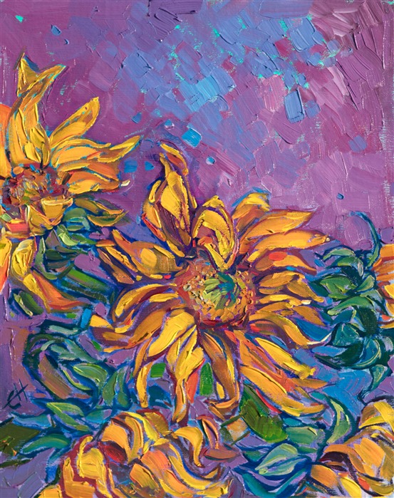 Curling yellow sunflower petals are captured in thick, impressionistic oil paint. The movement of sunflowers against the lavender background is brought to life with loose, painterly brushstrokes.</p><p>This painting was created on 1/8" linen board, and it arrives framed in a gold plein-air frame.
