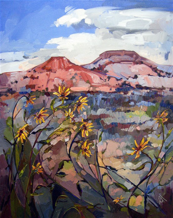 A soft blend of desert colors captures the Canyonlands National Park. The brush strokes in this painting are thick and impressionistic.