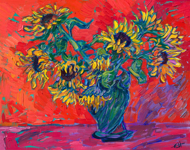A vase of sunflowers pops with vibrant colors against a red velvet backdrop. The brush strokes are thick and impressionistic, alive with color and texture.