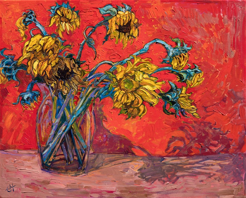 I can see why Van Gogh loved to paint wilted sunflowers... the drooping shapes and richer hues of orange make for very interesting compositions!  I love the way the warm yellows of the sunflowers pop against the lavish red backdrop. The brush strokes are loose and impressionistic, capturing the flowing lines of the still life.