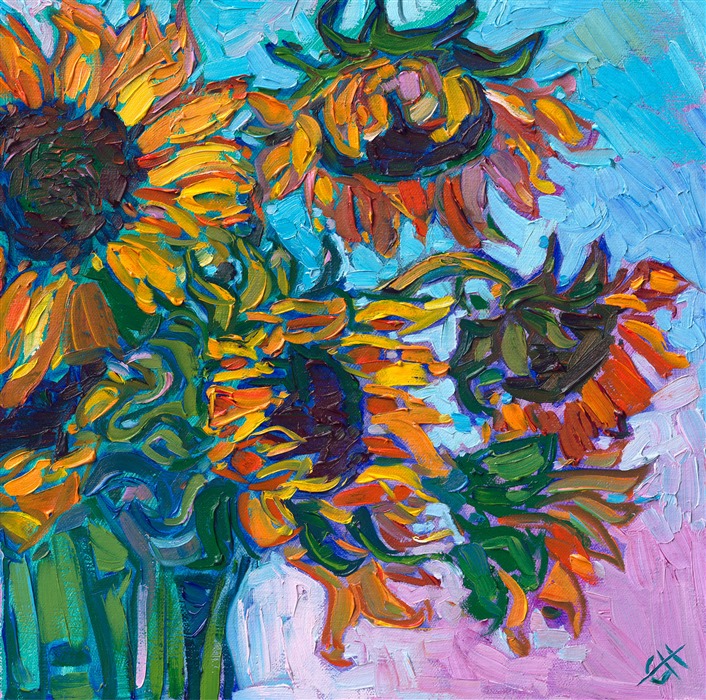 Lush colors of summer are captured on this petite canvas. The thick, impressionistic brush strokes blend together to form a colorful mosaic of texture, the cadmium hues glowing bright against the cool background.</p><p>"Sunflowers Bloom" is an original oil painting created on linen board. The piece arrives framed in a gold plein air frame, ready to hang.