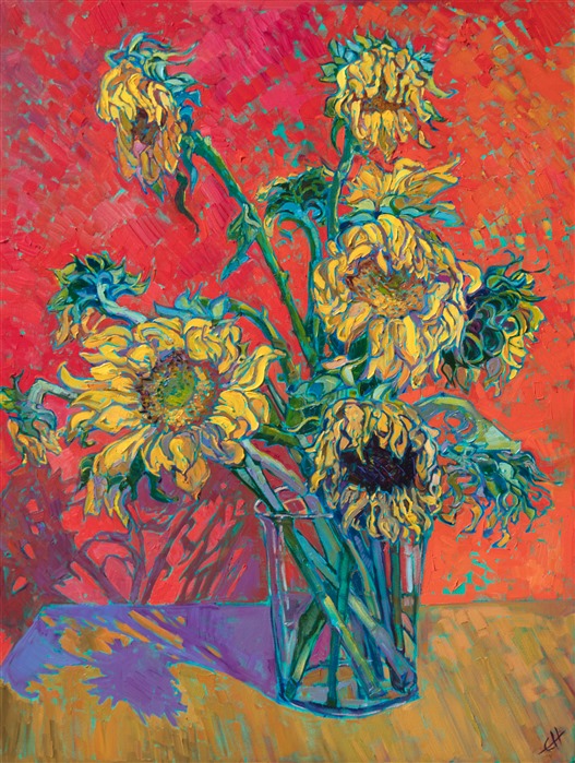 Colorful sunflowers create abstract patterns against a red backdrop. Thick, impasto paint strokes give the painting additional depth and motion. This painting is a rare example of an Erin Hanson still life, from her iconic Sunflower Series.

"Sunflowers III" was created on 1-1/2" canvas, with the painting continued around the edges. The piece has been framed in a simple gold floater frame.