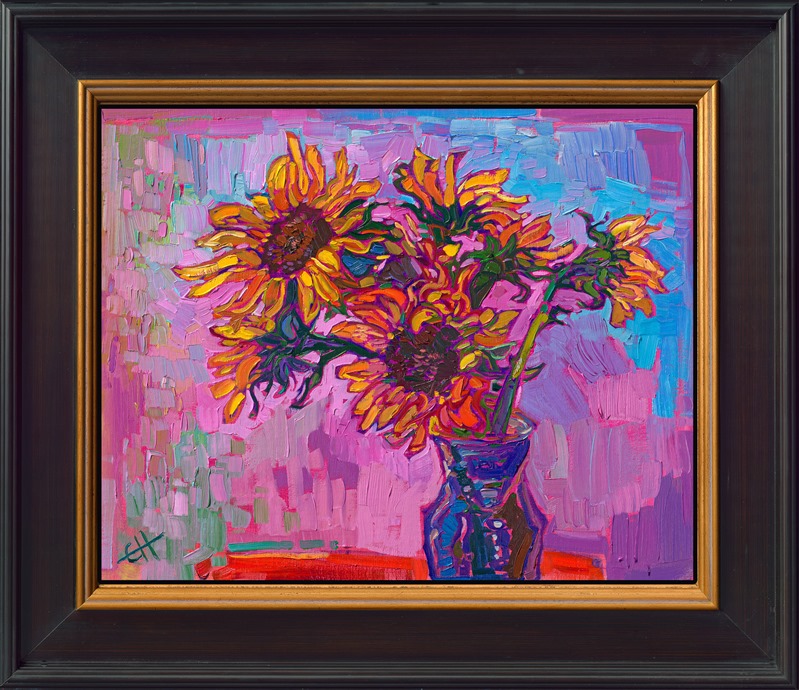 A petite canvas captures the beautiful and classic colors of the cultivated sunflower. The brush strokes are loose and expressive, alive with vivacity and color.