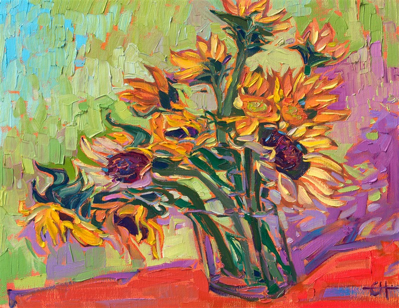 The huge and stately sunflower plant grows abundantly in Oregon's lush Willamette Valley. This year I gathered blossoms to paint, in homage to one of my favorite artists, van Gogh.</p><p>"Sunflowers Vase" is an original oil painting on linen board. The petite painting arrives framed in a black and gold plein air frame, ready to hang.