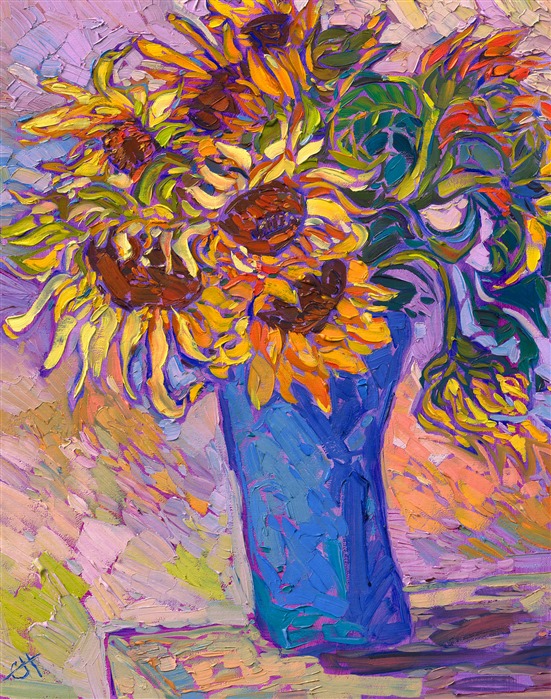 A vase of sunflowers is captured in impressionistic color by painter Erin Hanson. The thickly applied, expressive brush strokes create a sense of movement and excitement within the oil painting. The color is vibrant and alive, celebrating the natural beauty of the sunflower.</p><p>"Sunflowers in Blue Vase" is an original oil painting on linen board. The piece arrives framed in a black and gold plein air frame.