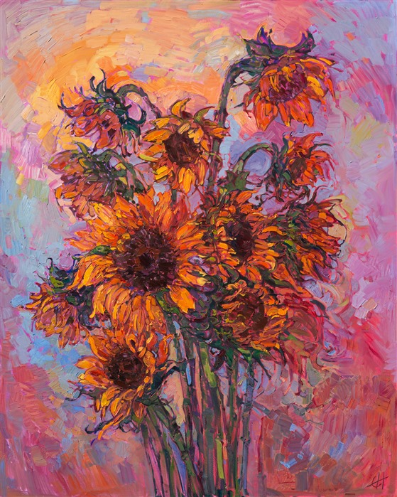 Orange-colored sunflowers are beautifully portrayed in vivid color and expressive movement in this painting.  The colors seem to vibrate with life and energy as the eye roams about the piece.  The thickly textured brush strokes of oil paint stand away from the canvas in vivid impasto.

This painting was done on 2"-deep canvas, with the painting continued around the edges. This piece has been framed in a gold floater frame to set off the warm colors in the artwork. Read more about the <a href="https://www.erinhanson.com/Blog?p=AboutErinHanson" target="_blank">painting's details here.</a>

Exhibited <a href="https://www.erinhanson.com/Event/ErinHansonTheOrangeShow"><i>The Orange Show</i></a>, The Erin Hanson Gallery, Los Angeles, CA. 2016.