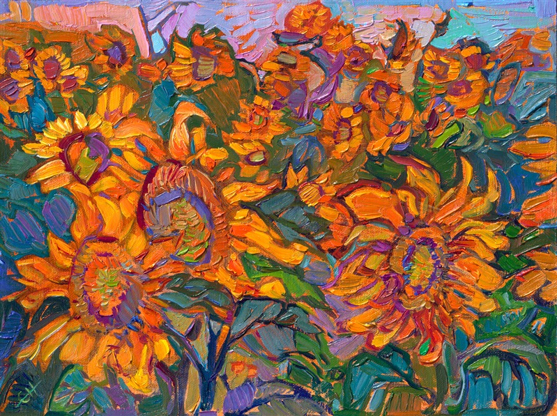 The golden hour in Provence, France, is worth waking up at 5 AM to see. The high plateaus became saturated in glowing orange light, and when I saw this field of sunflowers, I spent the entire golden hour walking among the sunflower stalks and taking hundreds of reference photos. This painting captures the magical light from that morning.