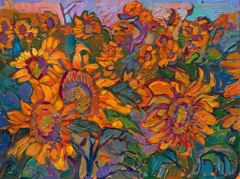 The golden hour in Provence, France, is worth waking up at 5 AM to see. The high plateaus became saturated in glowing orange light, and when I saw this field of sunflowers, I spent the entire golden hour walking among the sunflower stalks and taking hundreds of reference photos. This painting captures the magical light from that morning.