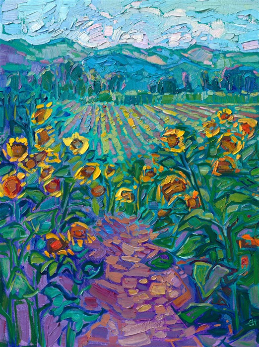 A flurry of cultivated sunflowers sparkles in hues of cadmium gold, against a backdrop of rolling hills and farmland. The brush strokes are thick and impressionistic, alive with color and movement.