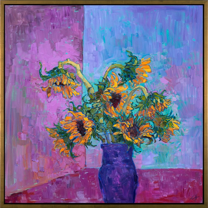This is a special piece I created for <i>The Orange Show</i>, in the spirit of making the orange/yellow colors pop by creating a background entirely of blue and purple.  The sunflowers are captured here in vivid shades that come alive on the canvas, the brush strokes thick and impressionistic.  When I was ten years old, one of my favorite things to paint in oils was the roses and other flowers from my mother's garden, and it was great to re-visit the floral still life concept.</p><p>This painting was done on 2"-deep canvas, with the painting continued around the edges. This piece has been framed in a gold floater frame to set off the colors in the painting.</p><p>Exhibited <a href="https://www.erinhanson.com/Event/ErinHansonTheOrangeShow"><i>The Orange Show</i></a>, The Erin Hanson Gallery, Los Angeles, CA. 2016.</p><p>This painting was on display as part of <i>Landscape & Bloom</I> at Adelman Fine Arts in Little Italy, San Diego.