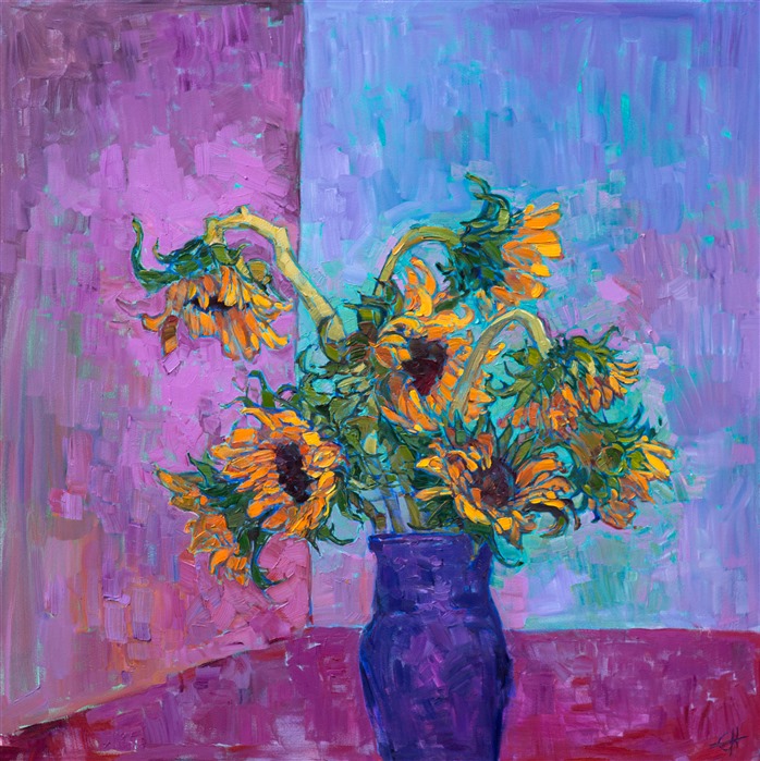 This is a special piece I created for <i>The Orange Show</i>, in the spirit of making the orange/yellow colors pop by creating a background entirely of blue and purple.  The sunflowers are captured here in vivid shades that come alive on the canvas, the brush strokes thick and impressionistic.  When I was ten years old, one of my favorite things to paint in oils was the roses and other flowers from my mother's garden, and it was great to re-visit the floral still life concept.</p><p>This painting was done on 2"-deep canvas, with the painting continued around the edges. This piece has been framed in a gold floater frame to set off the colors in the painting.</p><p>Exhibited <a href="https://www.erinhanson.com/Event/ErinHansonTheOrangeShow"><i>The Orange Show</i></a>, The Erin Hanson Gallery, Los Angeles, CA. 2016.</p><p>This painting was on display as part of <i>Landscape & Bloom</I> at Adelman Fine Arts in Little Italy, San Diego.
