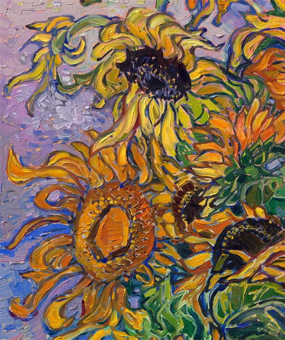 A white vase of sunflowers is captured by modern impressionist Erin Hanson with impasto oils on canvas. The vivacious brush work adds movement and color to the painting. This piece is reminiscent of van Gogh's work, but in a contemporary, Open Impressionism style.