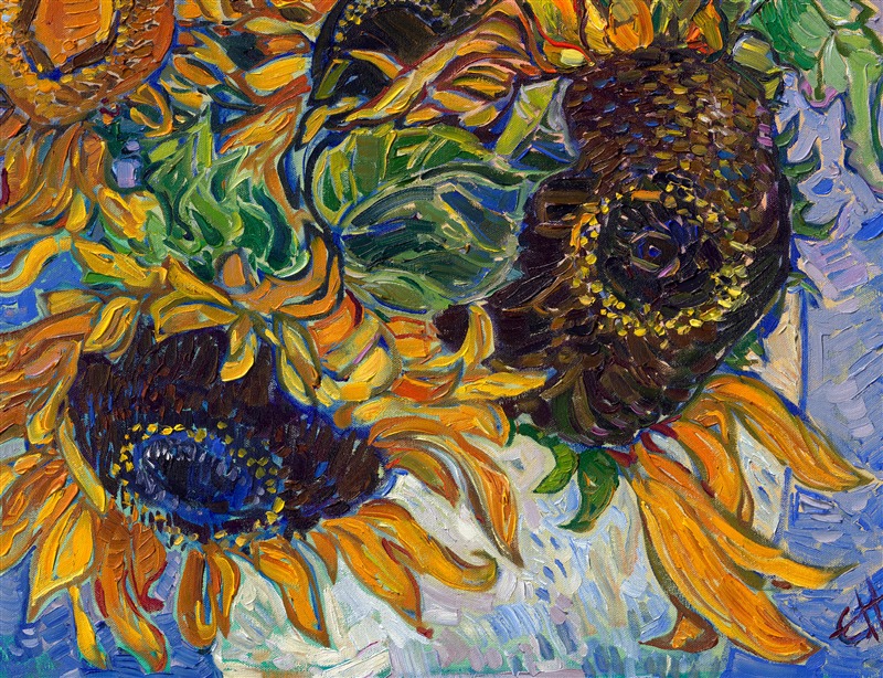 A white vase of sunflowers is captured by modern impressionist Erin Hanson with impasto oils on canvas. The vivacious brush work adds movement and color to the painting. This piece is reminiscent of van Gogh's work, but in a contemporary, Open Impressionism style.
