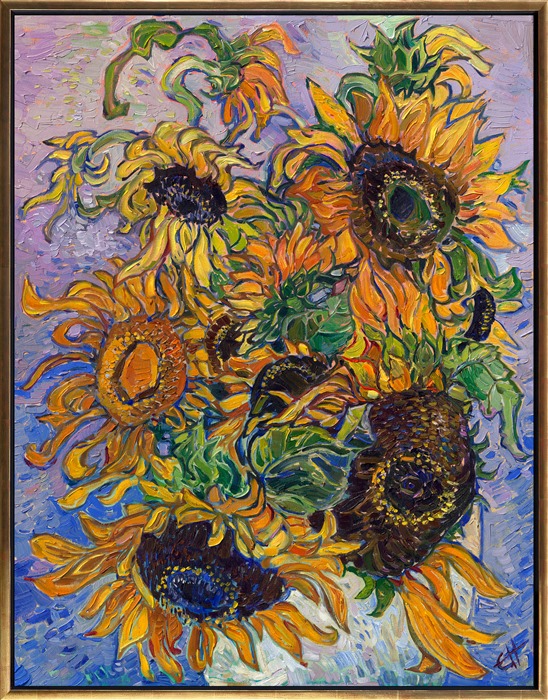 A white vase of sunflowers is captured by modern impressionist Erin Hanson with impasto oils on canvas. The vivacious brush work adds movement and color to the painting. This piece is reminiscent of van Gogh's work, but in a contemporary, Open Impressionism style.