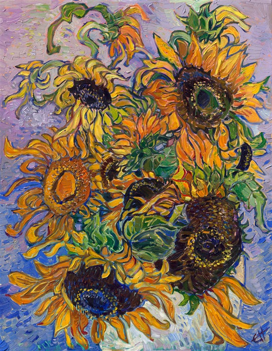 A white vase of sunflowers is captured by modern impressionist Erin Hanson with impasto oils on canvas. The vivacious brush work adds movement and color to the painting. This piece is reminiscent of van Gogh's work, but in a contemporary, Open Impressionism style.