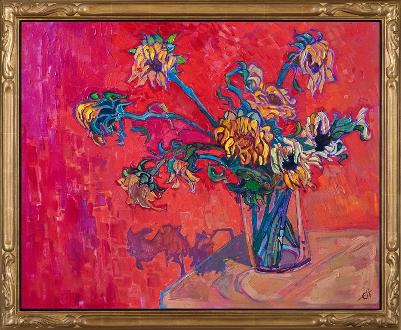 A glass bowl of sunflowers catches the light in this Van Gogh-inspired oil painting. The brisk red backdrop acts as the perfect contrast to the brilliant colors of the stems and flowers.</p><p>"Sunflowers on Red II" was created on 1-1/2" canvas. The piece arrives framed in a contemporary gold floater frame, ready to hang.