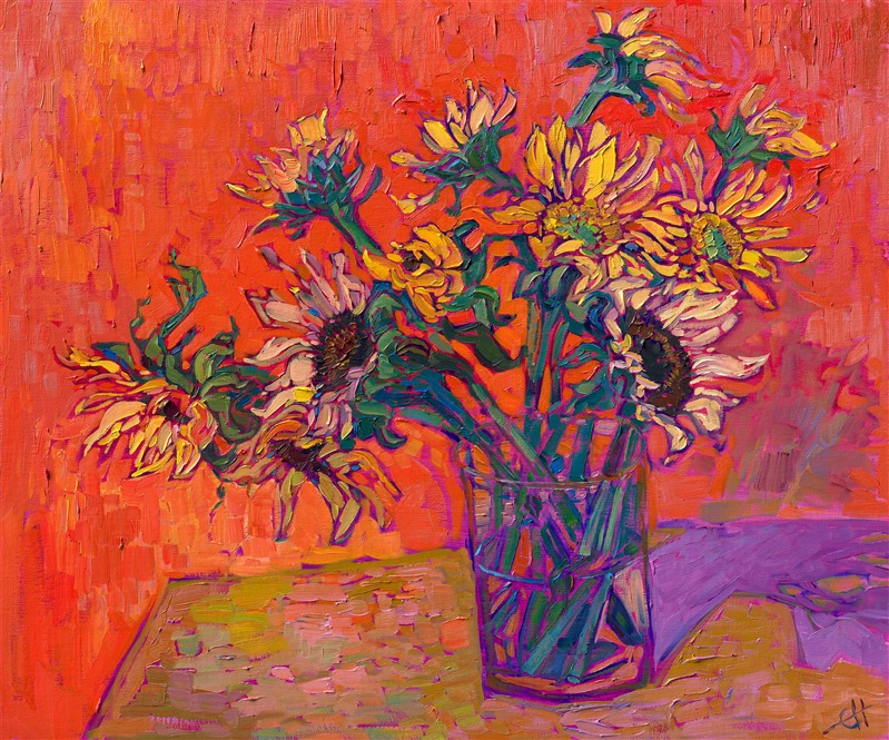 A clear vase of sunflowers stands against an orange background. The brilliant colors are captured in thick, expressive strokes of impasto oil paint. </p><p>"Sunflowers on Table" was created on fine linen board, and the piece arrives framed and ready to hang.