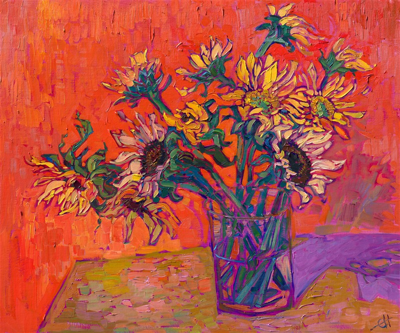 A clear vase of sunflowers stands against an orange background. The brilliant colors are captured in thick, expressive strokes of impasto oil paint. 

"Sunflowers on Table" was created on fine linen board, and the piece arrives framed and ready to hang.