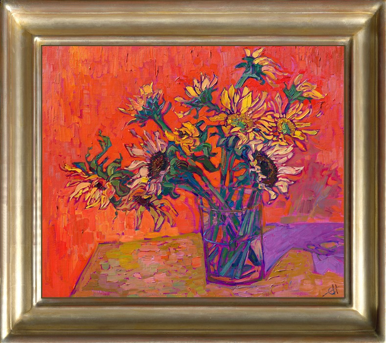 A clear vase of sunflowers stands against an orange background. The brilliant colors are captured in thick, expressive strokes of impasto oil paint. </p><p>"Sunflowers on Table" was created on fine linen board, and the piece arrives framed and ready to hang.