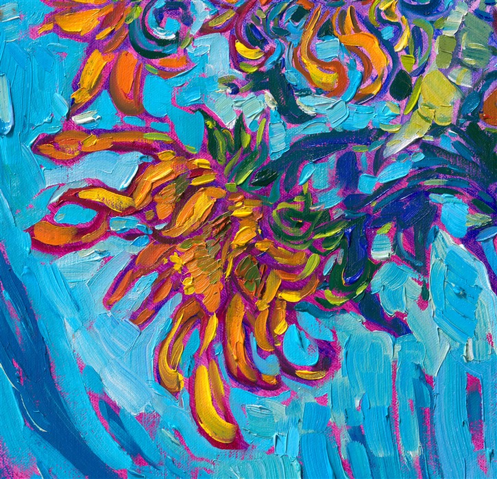 This year I grew my own sunflower garden, and I tested out a dozen different varieties of heirloom blooms. This is my first painting of the sunflower harvest this year.</p><p>"Sunflowers on Turquoise" is an original oil painting on linen board, done in Erin Hanson's signature Open Impressionism style. The piece arrives framed in a wide, mock floater frame finished in black with gold edging.</p><p>This piece will be displayed in Erin Hanson's annual <i><a href="https://www.erinhanson.com/Event/petiteshow2023">Petite Show</i></a> in McMinnville, Oregon. This painting is available for purchase now, and the piece will ship after the show on November 11, 2023. 