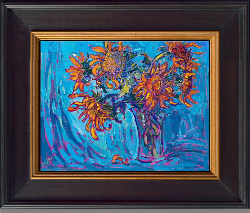 This year I grew my own sunflower garden, and I tested out a dozen different varieties of heirloom blooms. This is my first painting of the sunflower harvest this year.</p><p>"Sunflowers on Turquoise" is an original oil painting on linen board, done in Erin Hanson's signature Open Impressionism style. The piece arrives framed in a wide, mock floater frame finished in black with gold edging.</p><p>This piece will be displayed in Erin Hanson's annual <i><a href="https://www.erinhanson.com/Event/petiteshow2023">Petite Show</i></a> in McMinnville, Oregon. This painting is available for purchase now, and the piece will ship after the show on November 11, 2023. 