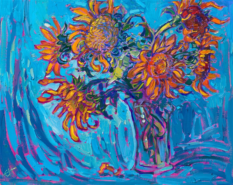 This year I grew my own sunflower garden, and I tested out a dozen different varieties of heirloom blooms. This is my first painting of the sunflower harvest this year.

"Sunflowers on Turquoise" is an original oil painting on linen board, done in Erin Hanson's signature Open Impressionism style. The piece arrives framed in a wide, mock floater frame finished in black with gold edging.

This piece will be displayed in Erin Hanson's annual <i><a href="https://www.erinhanson.com/Event/petiteshow2023">Petite Show</i></a> in McMinnville, Oregon. This painting is available for purchase now, and the piece will ship after the show on November 11, 2023. 