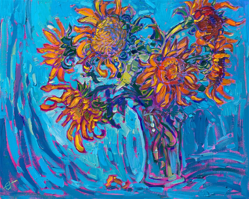 This year I grew my own sunflower garden, and I tested out a dozen different varieties of heirloom blooms. This is my first painting of the sunflower harvest this year.</p><p>"Sunflowers on Turquoise" is an original oil painting on linen board, done in Erin Hanson's signature Open Impressionism style. The piece arrives framed in a wide, mock floater frame finished in black with gold edging.</p><p>This piece will be displayed in Erin Hanson's annual <i><a href="https://www.erinhanson.com/Event/petiteshow2023">Petite Show</i></a> in McMinnville, Oregon. This painting is available for purchase now, and the piece will ship after the show on November 11, 2023. 