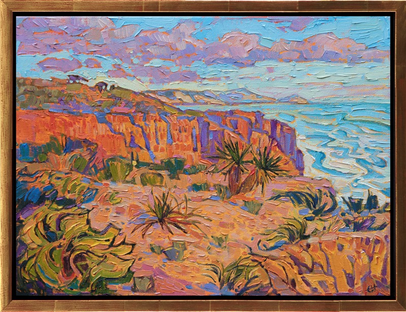 Standing on the edge of one of the cliffs in Torrey Pines State Reserve, you can see the whole panorama of seaside bluffs stretching in both directions. The warm sunset light bathes the landscape in rich hues of cadmium and sherbet.</p><p>"Sunset Bluffs" was created on 1-1/2" canvas, with the painting continued around the edges of the canvas. The piece is presented in a 23kt gold floater frame.