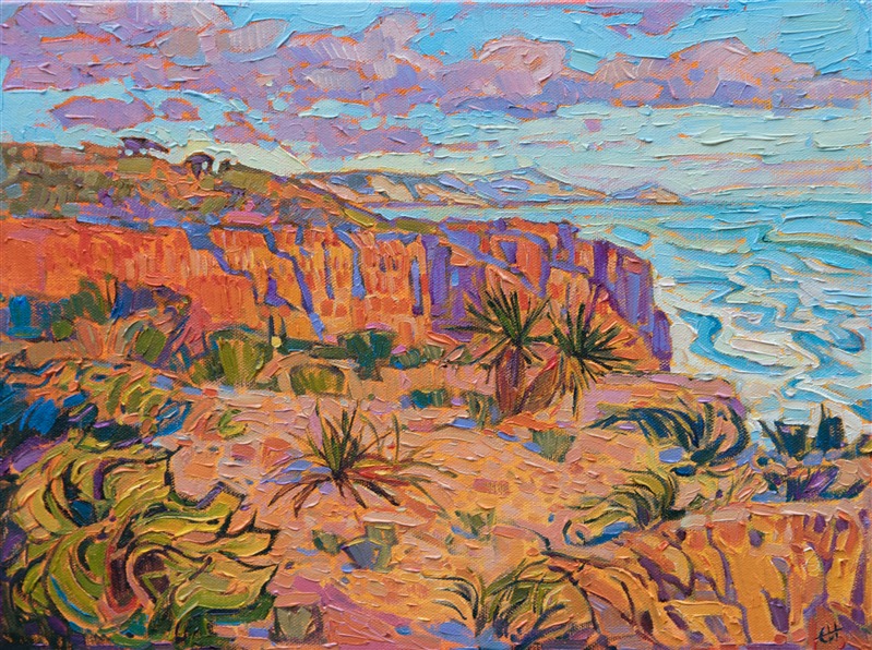 Standing on the edge of one of the cliffs in Torrey Pines State Reserve, you can see the whole panorama of seaside bluffs stretching in both directions. The warm sunset light bathes the landscape in rich hues of cadmium and sherbet.</p><p>"Sunset Bluffs" was created on 1-1/2" canvas, with the painting continued around the edges of the canvas. The piece is presented in a 23kt gold floater frame.