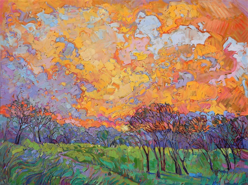 A burst of orange and yellow sky sparkles with light and motion. This original oil painting was created over an application of 24 karat gold leaf.  The genuine gold glints through the layers of oil paint, catching the light in a subtle and surprising manner, and bringing the oil painting to life like never before.