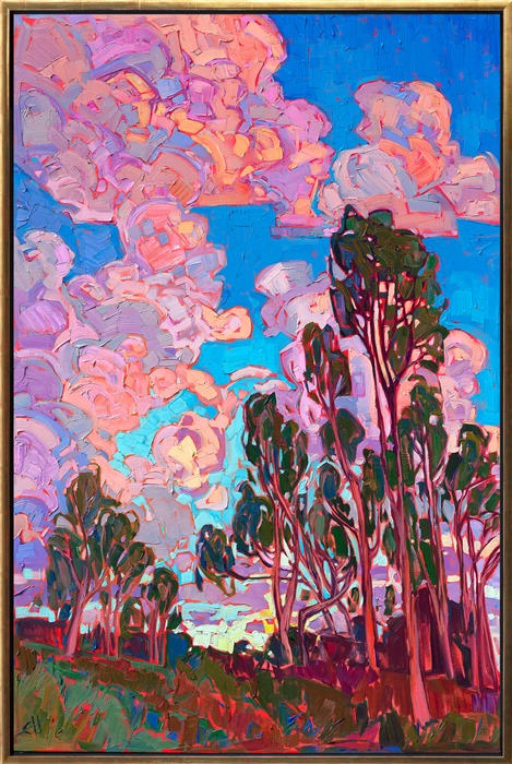 Pink sunset clouds billow above a grove of California eucalyptus trees. The brush strokes are loose and impressionistic, capturing the vivid colors of the scene.</p><p>"Sunset Clouds" was created on 1-1/2" canvas, with the painting continued around the edges. The piece arrives framed in a contemporary gold floater frame.