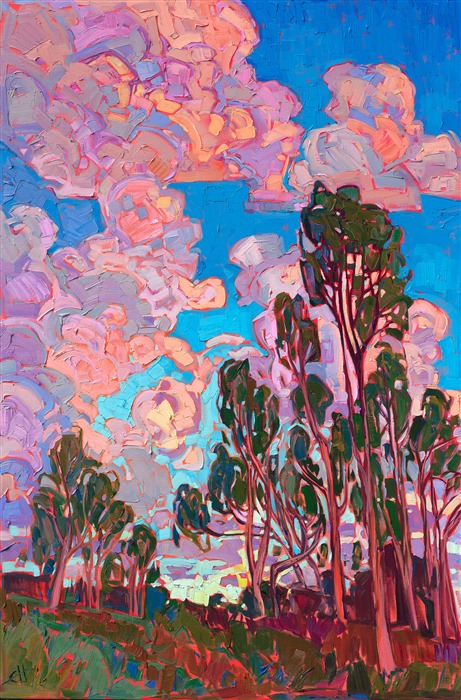 Pink sunset clouds billow above a grove of California eucalyptus trees. The brush strokes are loose and impressionistic, capturing the vivid colors of the scene.</p><p>"Sunset Clouds" was created on 1-1/2" canvas, with the painting continued around the edges. The piece arrives framed in a contemporary gold floater frame.