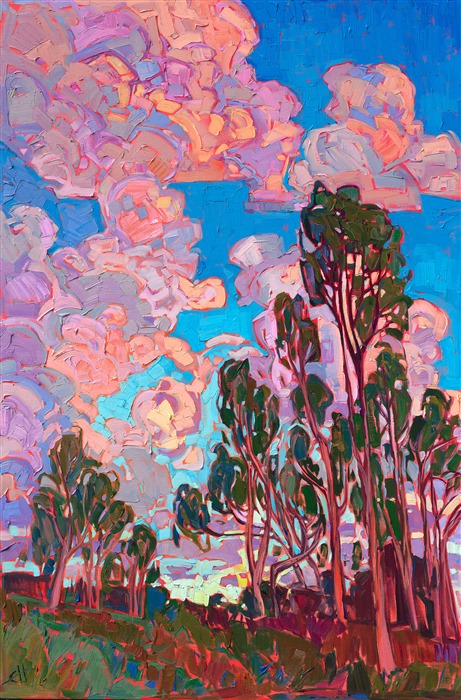 Pink sunset clouds billow above a grove of California eucalyptus trees. The brush strokes are loose and impressionistic, capturing the vivid colors of the scene.

"Sunset Clouds" was created on 1-1/2" canvas, with the painting continued around the edges. The piece arrives framed in a contemporary gold floater frame.