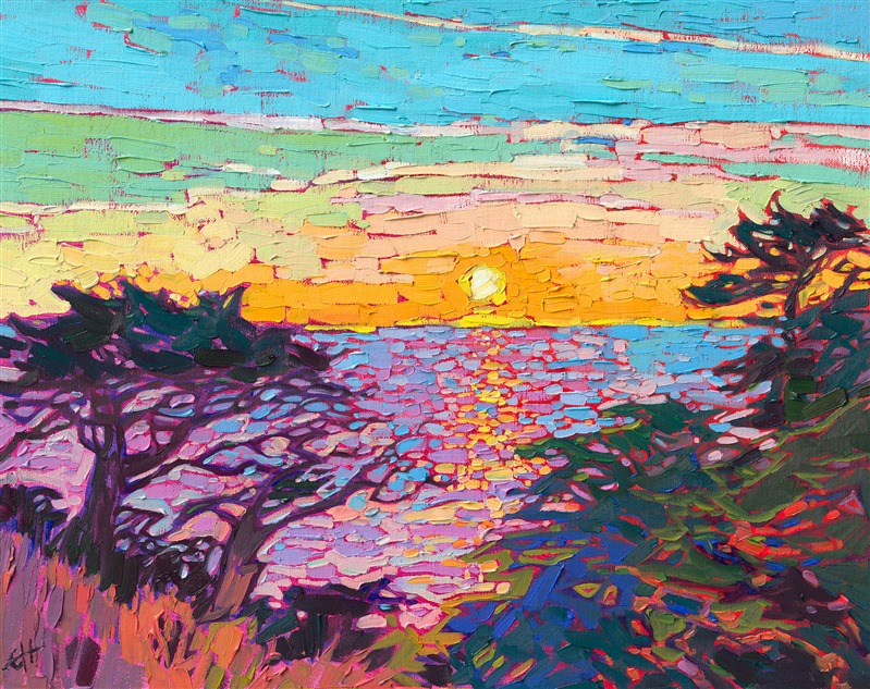 I was hiking through Point Lobos (near Carmel, California) and saw the perfect sunset between the ancient cypress trees. The setting sun reflected rays of golden light on the ocean below, while the shadows everywhere turned hues of rich purple and blue.</p><p>"Sunset Cypress" is an original oil painting on linen board. The piece arrives framed in a gold plein air frame, ready to hang.