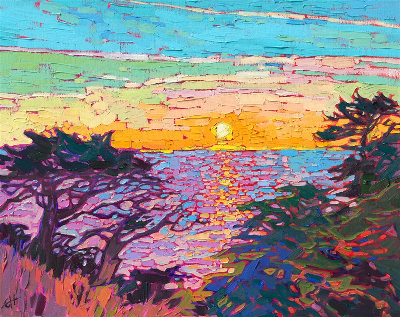 I was hiking through Point Lobos (near Carmel, California) and saw the perfect sunset between the ancient cypress trees. The setting sun reflected rays of golden light on the ocean below, while the shadows everywhere turned hues of rich purple and blue.

"Sunset Cypress" is an original oil painting on linen board. The piece arrives framed in a gold plein air frame, ready to hang.