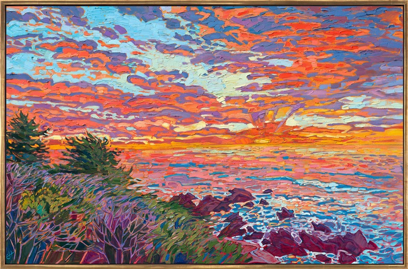 Sunset colors of brilliant orange and yellow burst over this coastal landscape, inspired by the Monterey peninsula. Thick brush strokes of impasto oil paint capture the movement and vibrant colors of the scene.</p><p>"Sunset Fire" was created on 1-1/2" canvas, with the painting continued around the edges. The piece arrives framed in a contemporary gold floater frame.