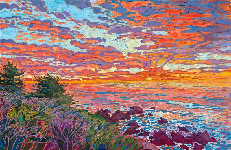 Sunset colors of brilliant orange and yellow burst over this coastal landscape, inspired by the Monterey peninsula. Thick brush strokes of impasto oil paint capture the movement and vibrant colors of the scene.</p><p>"Sunset Fire" was created on 1-1/2" canvas, with the painting continued around the edges. The piece arrives framed in a contemporary gold floater frame.