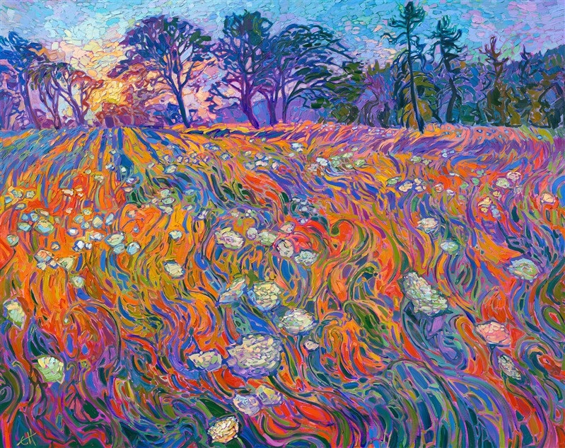 Crystalline, sunset light filters through a grove of oak trees. The patterns of light and shadow stretch across the summer meadow, illuminating a field of Queen Anne's lace. The brush strokes are loose and impressionistic, alive with color and motion.

This painting is in the permanent collection at the Hilbert Museum, in Orange, California.