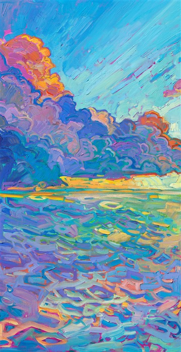 A wide expanse of color fills this triptych painting on three panels. The thick, impressionistic brush strokes capture the light and movement of the Pacific Ocean at sunset. This California coastal painting vibrates with expressive color.