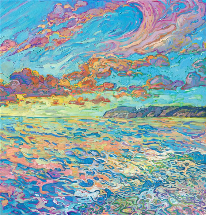 A wide expanse of color fills this triptych painting on three panels. The thick, impressionistic brush strokes capture the light and movement of the Pacific Ocean at sunset. This California coastal painting vibrates with expressive color.