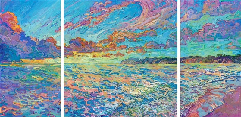 A wide expanse of color fills this triptych painting on three panels. The thick, impressionistic brush strokes capture the light and movement of the Pacific Ocean at sunset. This California coastal painting vibrates with expressive color.