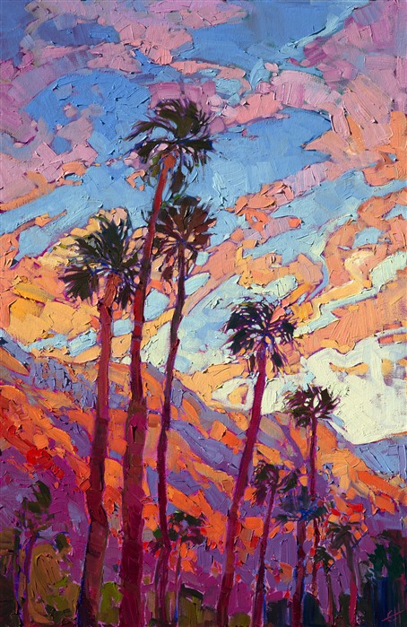 A celebration of color, this painting of Palm Springs captures the brilliant sunsets only seen in the dry desert air.  The distant mountain range soaks in the warm rays cast by the setting sun, depicted with a loose brush stroke and an expressionist sense of color.</p><p>This painting was created on 1-1/2" deep canvas with the edges painted as a continuation of the painting.  It may be hung on your wall without a frame.