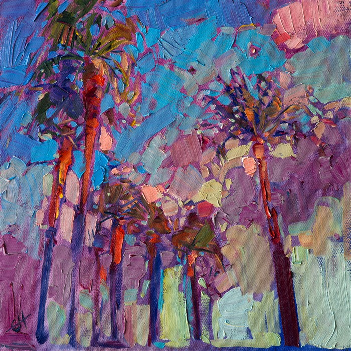 Palm Desert palms stretch into a sunset sky in this small original oil painting.  The brush strokes are loose and impressionistic, creating a mosaic of color and texture across the canvas.</p><p>This painting was created on 3/4"-deep canvas. It has been framed in a beautiful classic frame and arrives wired and ready to hang.