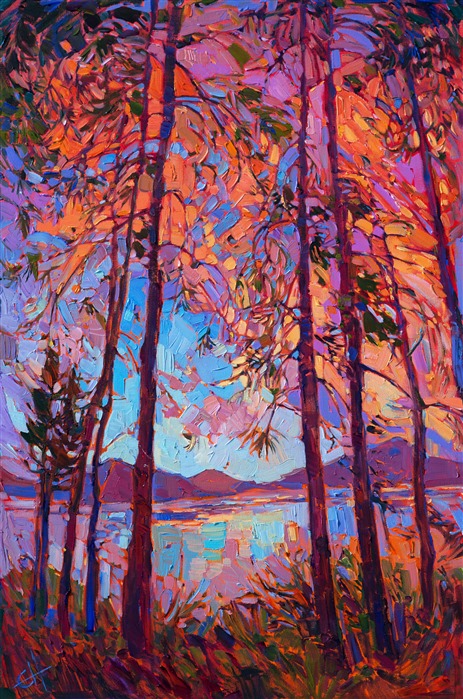Sunset flames of color dance between the branches of these abstracted pine trees.  The brush strokes are thick and impressionistic, capturing the life and movement of the scene.  This painting captures the spirit of the classic impressionists and modern expressionists in a new, contemporary style.
